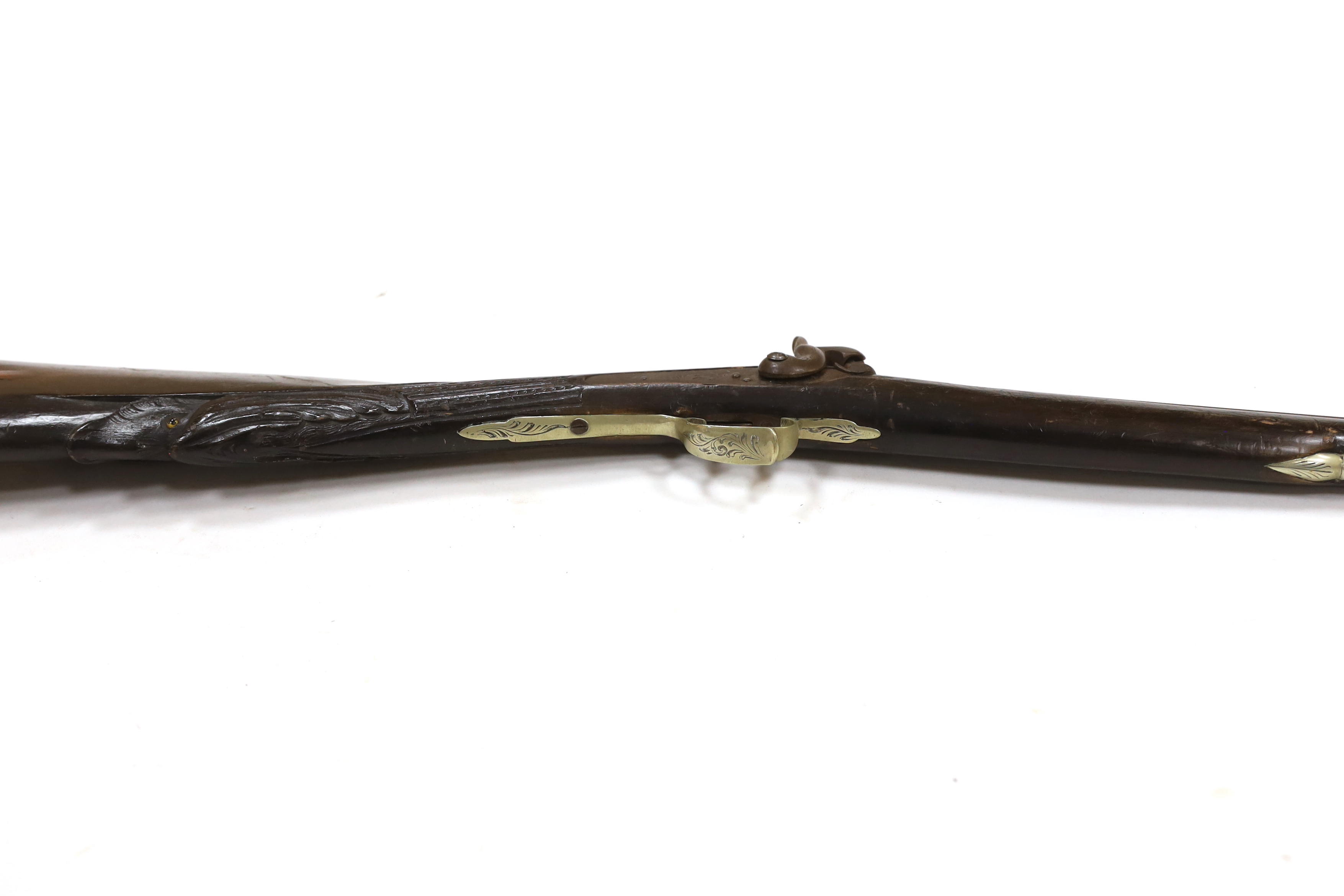 A Belgian back action percussion sporting gun made for the South American market c.1900, with engraved nickel furniture and half stocked barrel, barrel 82cm